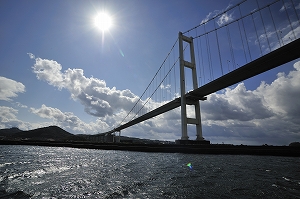 室蘭の観光名所でもある白鳥大橋を海から見上げる。