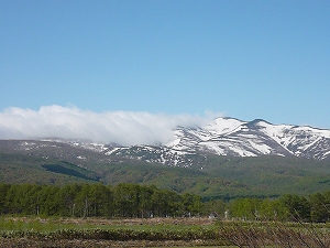 山頂の残雪と新緑と清々しい空の青色がとても心地よい。